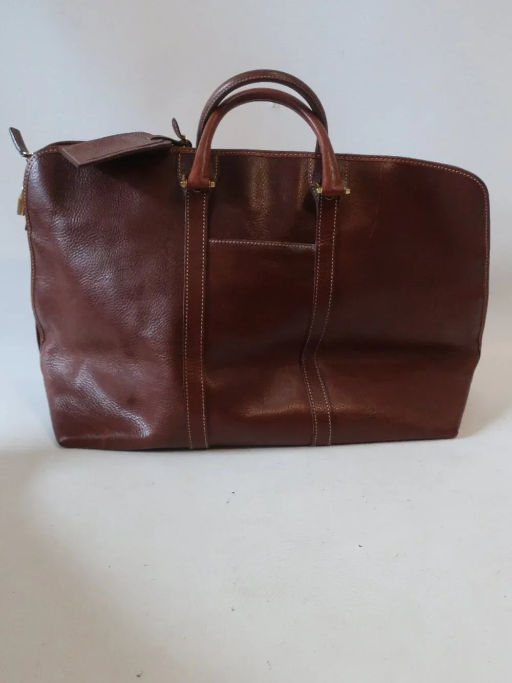 Mens Cole Haan Brown Pebbled Leather Vintage Weekender Duffel Travel Bag
